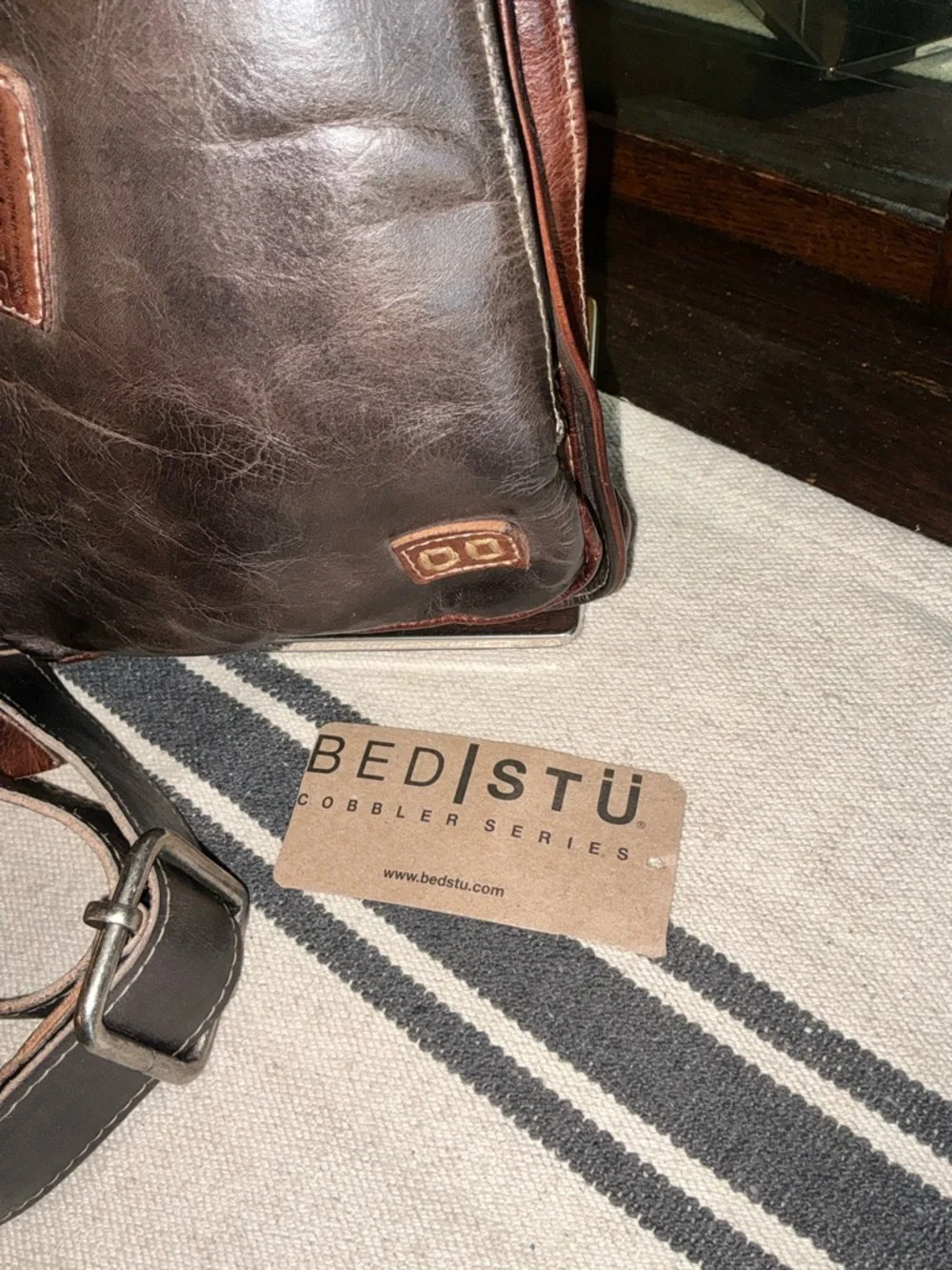 NWT Bed Stu Leather Adept Unisex Sling Backpack Black Teak Rustic MSRP $235
